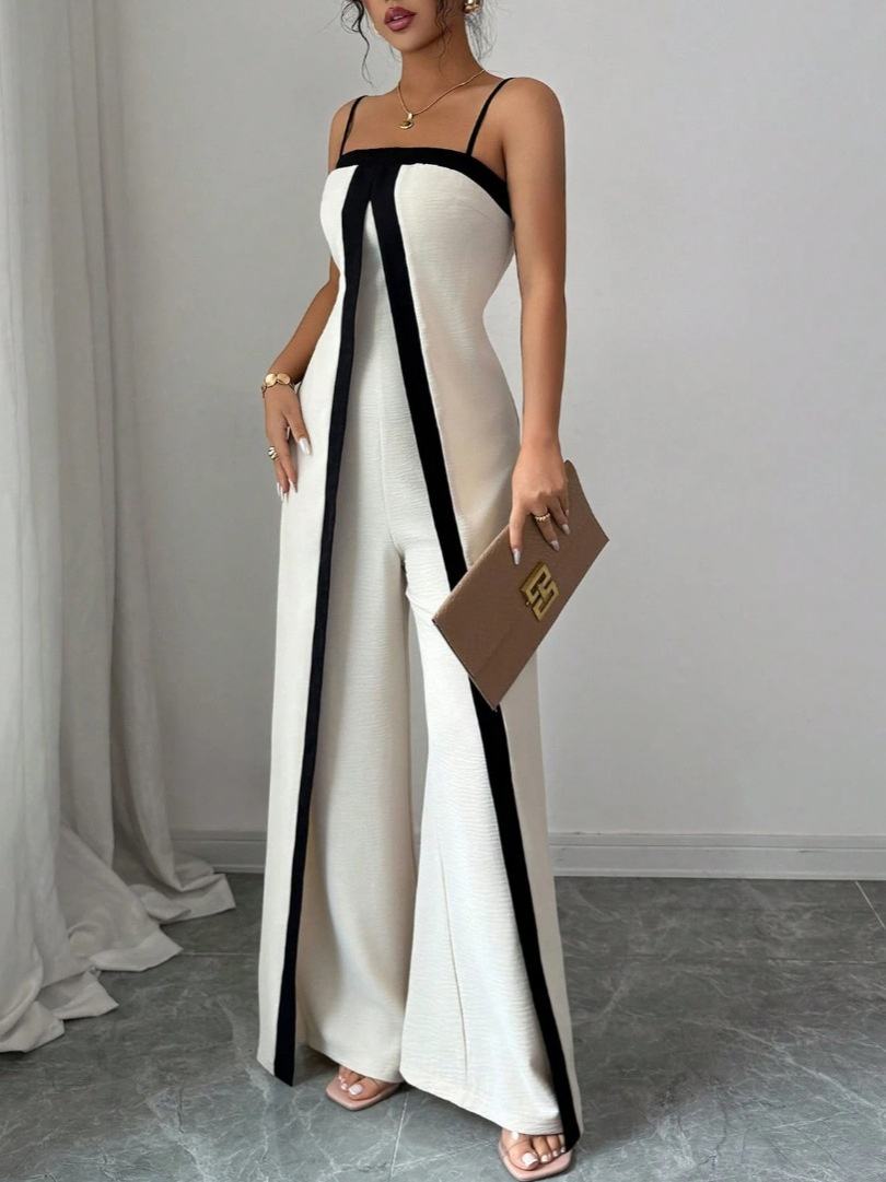 Elegant Black & White Wide Leg Jumpsuit for Women | Formal Evening Pantsuit