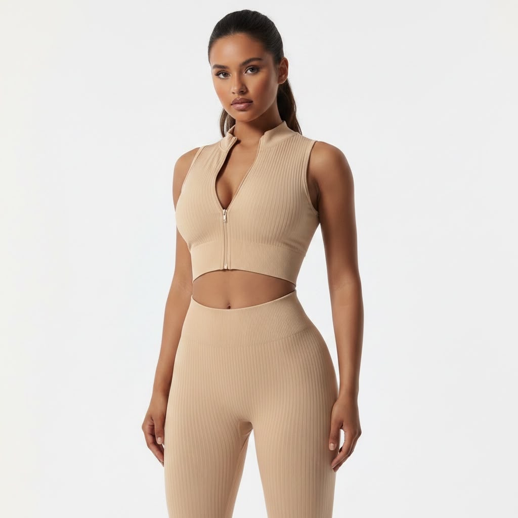 6-Piece Seamless Ribbed Activewear Set | Zip-Up Jacket, Sports Bra, Leggings & Shorts Bundle