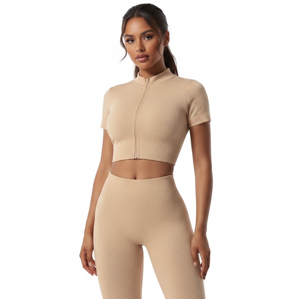 6-Piece Seamless Ribbed Activewear Set | Zip-Up Jacket, Sports Bra, Leggings & Shorts Bundle