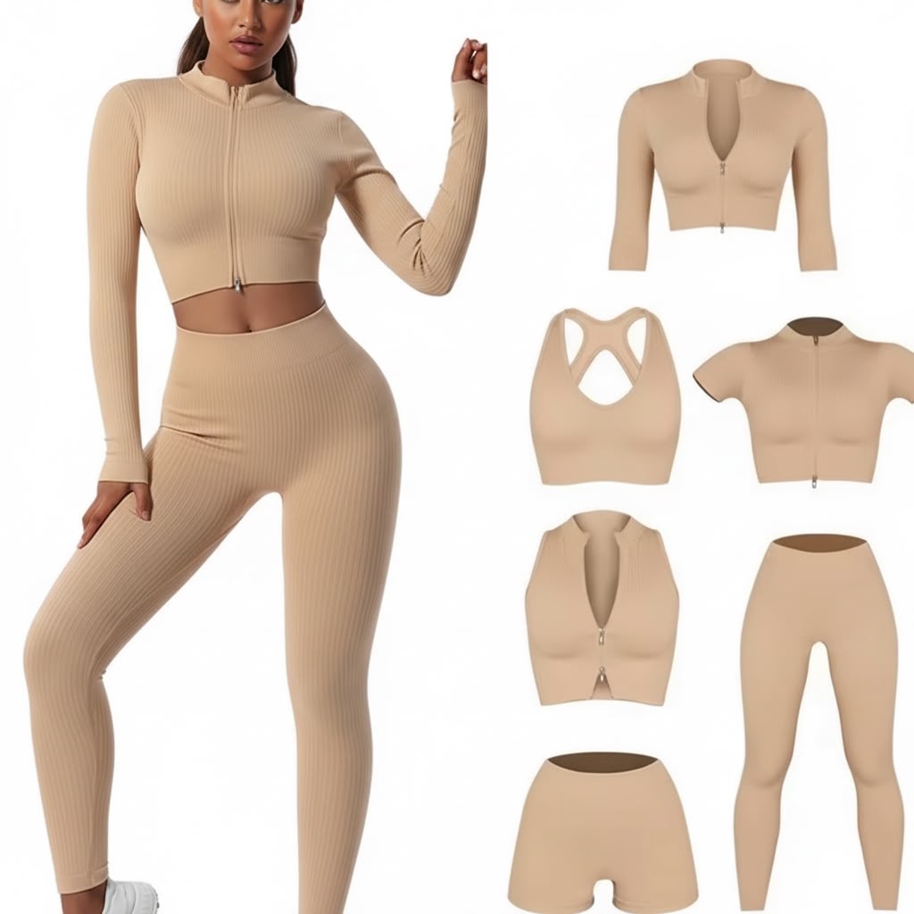 6-Piece Seamless Ribbed Activewear Set | Zip-Up Jacket, Sports Bra, Leggings & Shorts Bundle