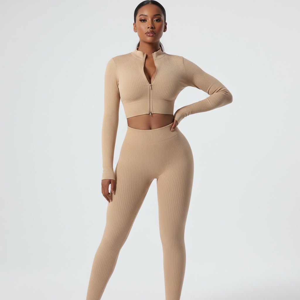 6-Piece Seamless Ribbed Activewear Set | Zip-Up Jacket, Sports Bra, Leggings & Shorts Bundle