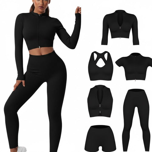 6-Piece Seamless Ribbed Activewear Set | Zip-Up Jacket, Sports Bra, Leggings & Shorts Bundle