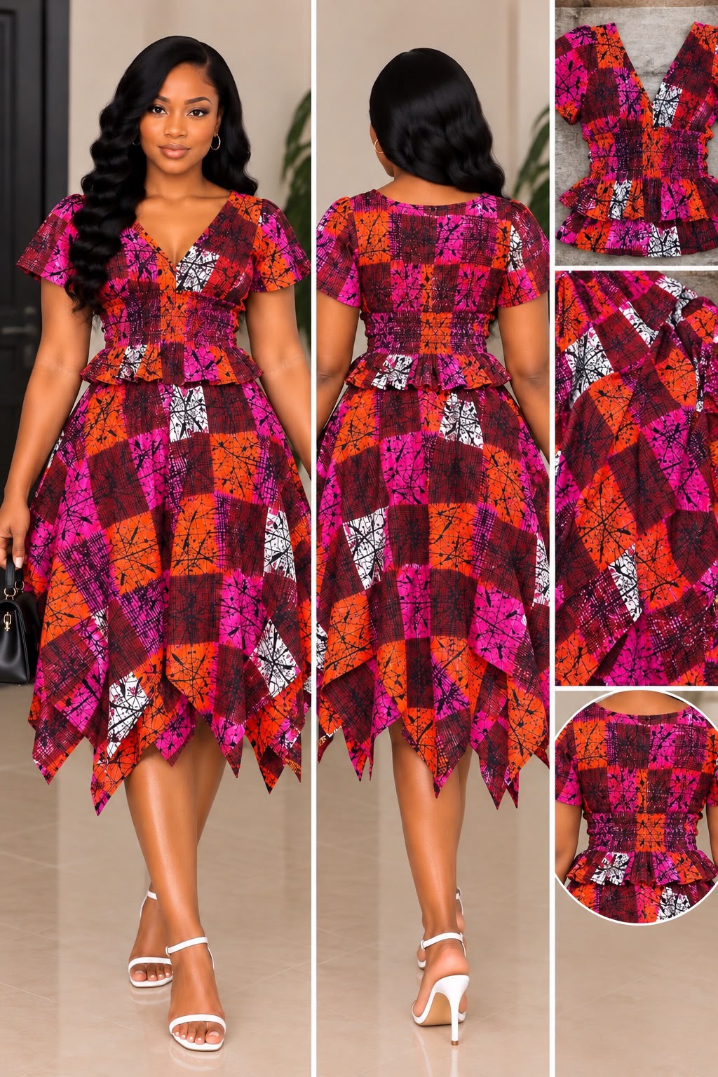 Women’s African Print Peplum top & Midi skirt  – Vibrant Ankara Patchwork Dress