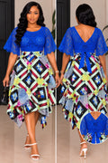 Women’s African Print Lace Top & Tiered Asymmetrical Skirt Set – 3 Colors