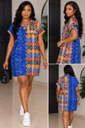 Women’s African Print Shift Dress – Short Sleeve Geometric Print Mini Dress