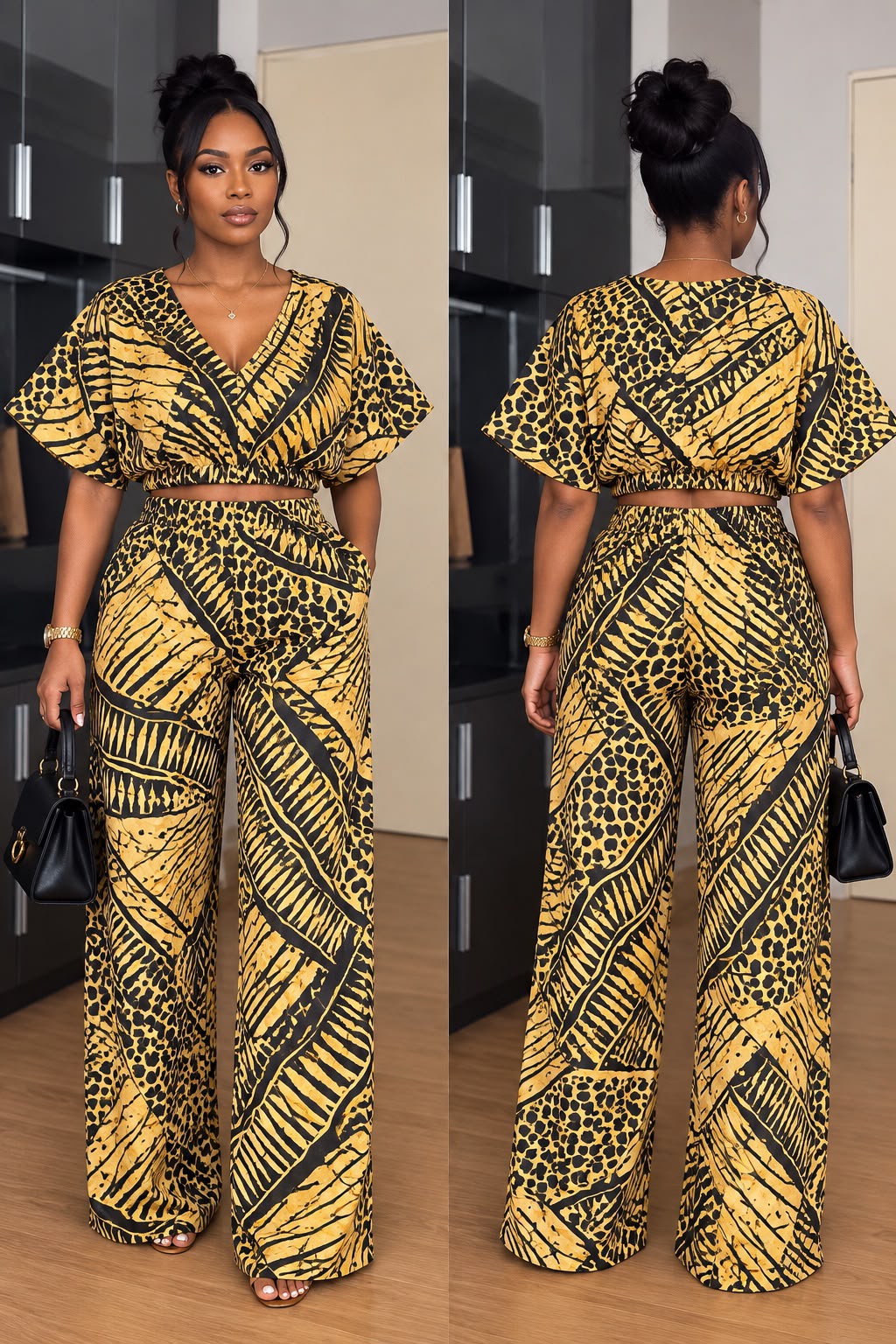Women’s African Print Two-Piece Set – Smocked Waist Top & Wide-Leg Trousers